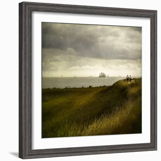 Man and Woman Walking Along a Path by the Sea with Tall Ships-Luis Beltran-Framed Photographic Print