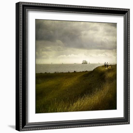 Man and Woman Walking Along a Path by the Sea with Tall Ships-Luis Beltran-Framed Photographic Print