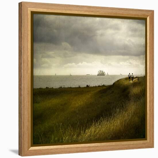 Man and Woman Walking Along a Path by the Sea with Tall Ships-Luis Beltran-Framed Premier Image Canvas