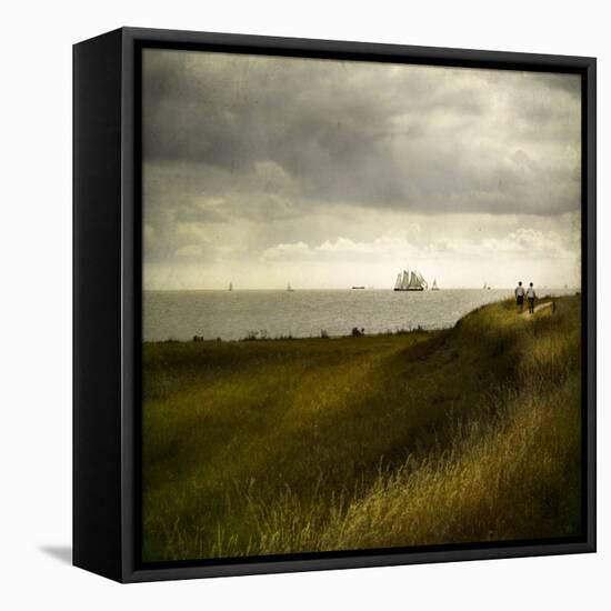 Man and Woman Walking Along a Path by the Sea with Tall Ships-Luis Beltran-Framed Premier Image Canvas