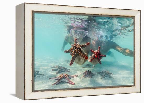 Man and woman with scuba masks showing starfish swimming underwater in the exotic lagoon-Roberto Moiola-Framed Premier Image Canvas