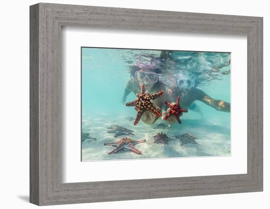 Man and woman with scuba masks showing starfish swimming underwater in the exotic lagoon-Roberto Moiola-Framed Photographic Print