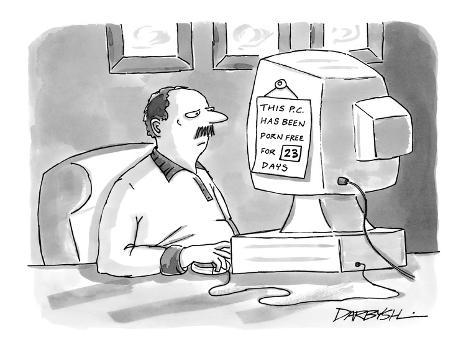 Computer Cartoon Porn - Man at a computer with a sign that reads, 'This P.C. Has Been Porn Free foâ€¦  - New Yorker Cartoon' Premium Giclee Print - C. Covert Darbyshire | Art.com