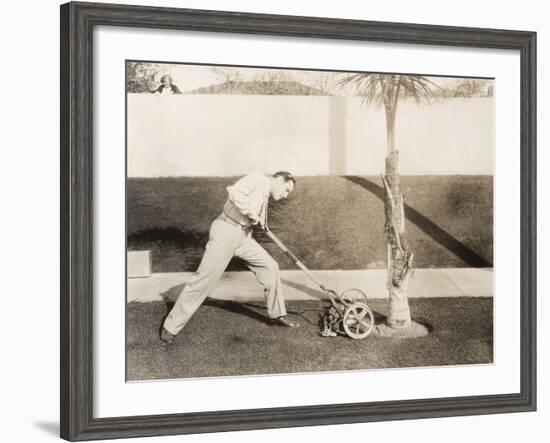 Man Attacking Palm Tree with Lawn Mower-null-Framed Photo