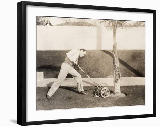 Man Attacking Palm Tree with Lawn Mower-null-Framed Photo