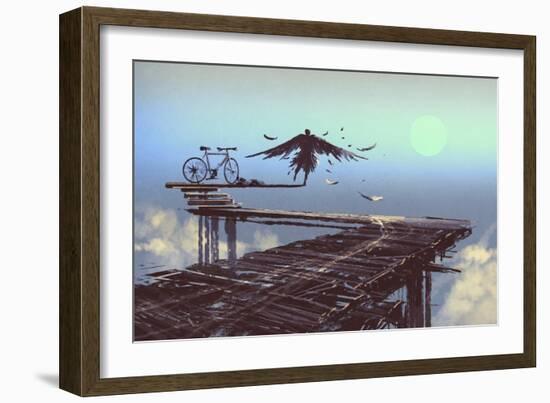 Man Becomes Bird Standing on End of Line,Illustration Painting-Tithi Luadthong-Framed Art Print