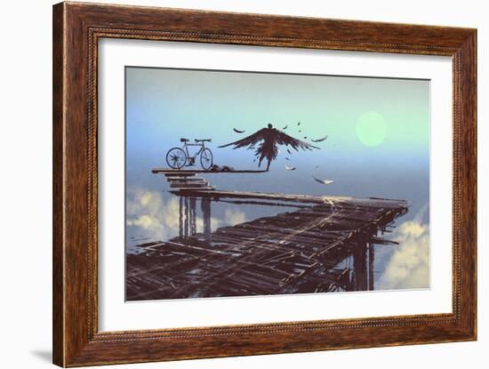 Man Becomes Bird Standing on End of Line,Illustration Painting-Tithi Luadthong-Framed Art Print