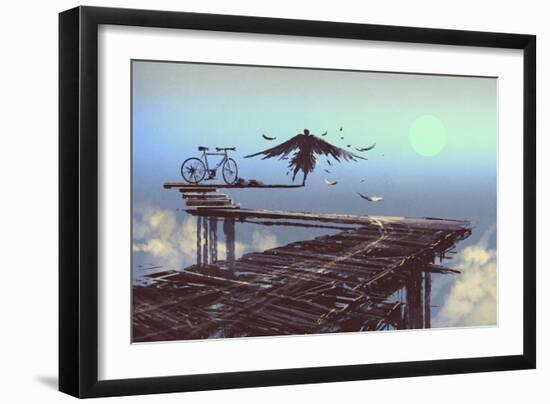 Man Becomes Bird Standing on End of Line,Illustration Painting-Tithi Luadthong-Framed Art Print