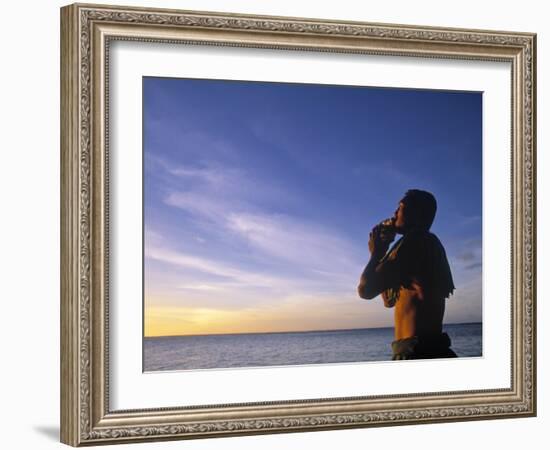 Man Blowing Inro a Seashell, Samoa-Neil Farrin-Framed Photographic Print