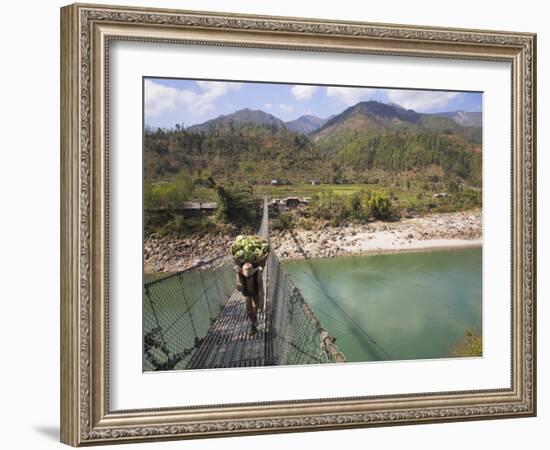 Man Carrying Vegetables across a Rope Bridge, Bandare Village, Trisuli Valley, Nepal-Jane Sweeney-Framed Photographic Print