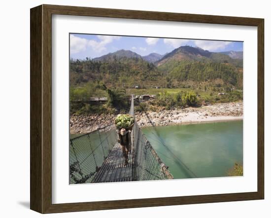 Man Carrying Vegetables across a Rope Bridge, Bandare Village, Trisuli Valley, Nepal-Jane Sweeney-Framed Photographic Print