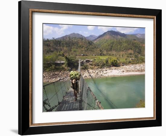 Man Carrying Vegetables across a Rope Bridge, Bandare Village, Trisuli Valley, Nepal-Jane Sweeney-Framed Photographic Print