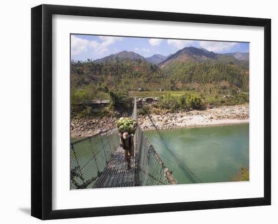 Man Carrying Vegetables across a Rope Bridge, Bandare Village, Trisuli Valley, Nepal-Jane Sweeney-Framed Photographic Print