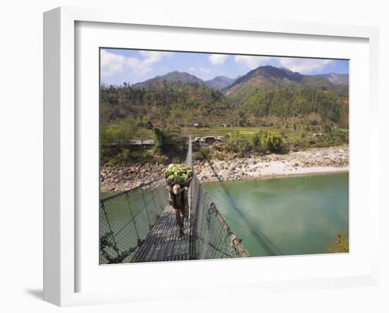 Man Carrying Vegetables across a Rope Bridge, Bandare Village, Trisuli Valley, Nepal-Jane Sweeney-Framed Photographic Print