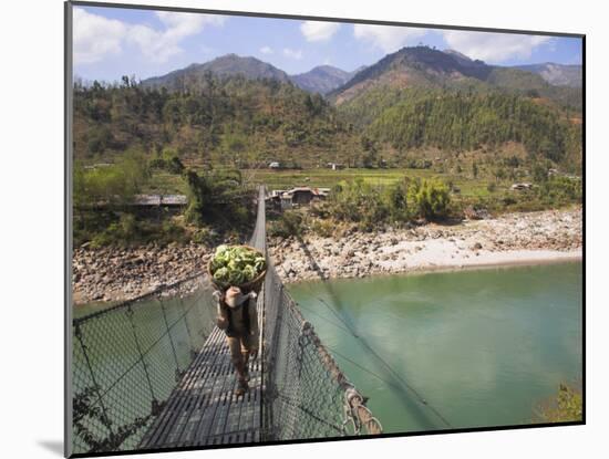 Man Carrying Vegetables across a Rope Bridge, Bandare Village, Trisuli Valley, Nepal-Jane Sweeney-Mounted Photographic Print