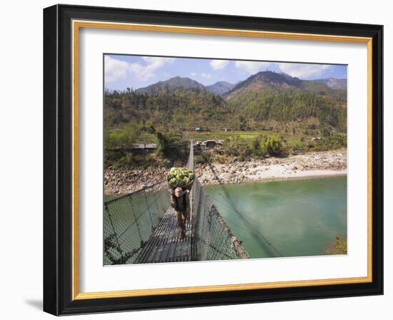 Man Carrying Vegetables across a Rope Bridge, Bandare Village, Trisuli Valley, Nepal-Jane Sweeney-Framed Photographic Print