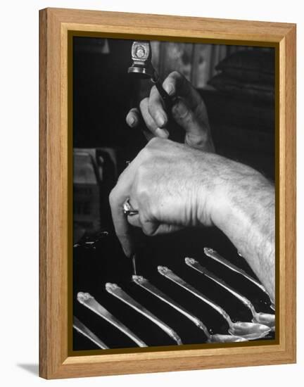 Man Chiseling Designs Into Spoon Handles at the Watson Silver Co. Factory-Dmitri Kessel-Framed Premier Image Canvas