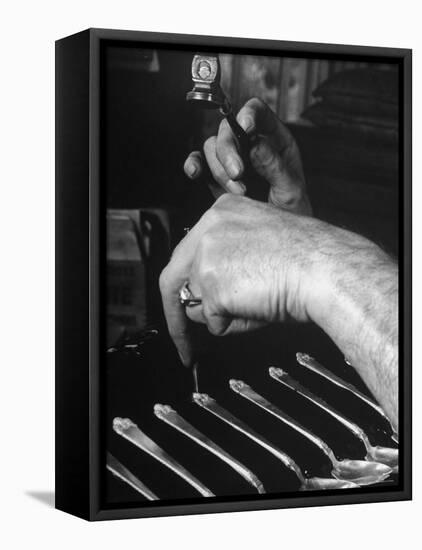 Man Chiseling Designs Into Spoon Handles at the Watson Silver Co. Factory-Dmitri Kessel-Framed Premier Image Canvas