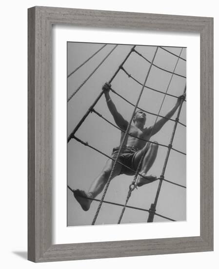 Man Climbing Ropes on Board Sailing Ship Yankee-Yale Joel-Framed Photographic Print