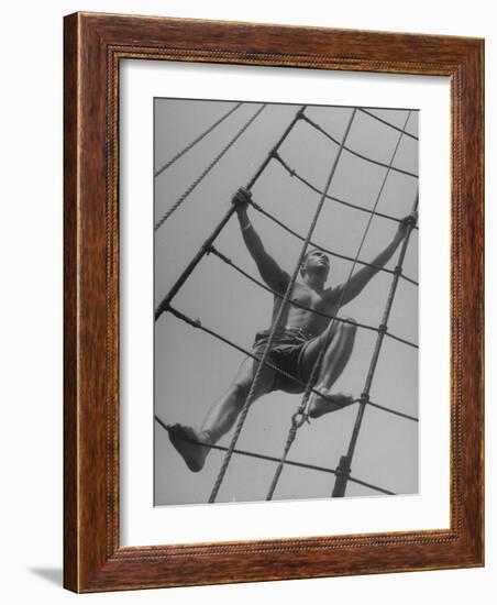 Man Climbing Ropes on Board Sailing Ship Yankee-Yale Joel-Framed Photographic Print