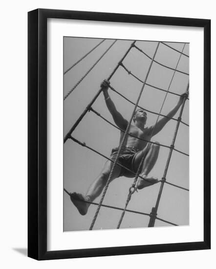 Man Climbing Ropes on Board Sailing Ship Yankee-Yale Joel-Framed Photographic Print