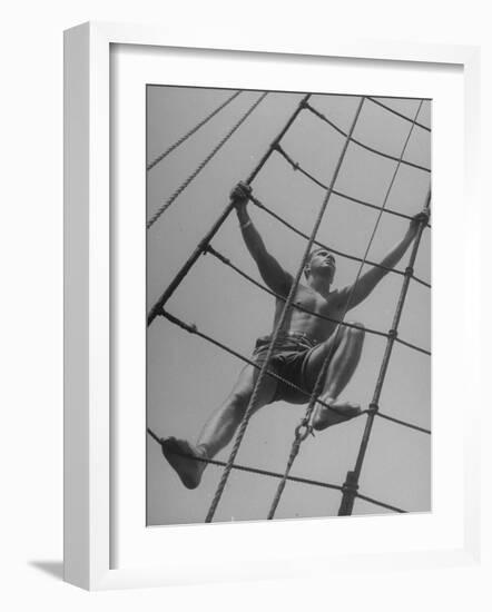 Man Climbing Ropes on Board Sailing Ship Yankee-Yale Joel-Framed Photographic Print
