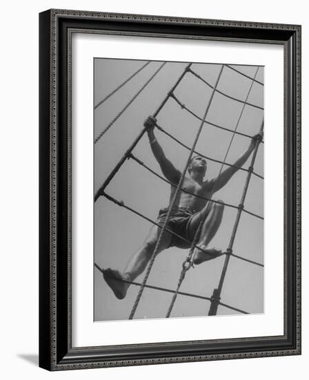 Man Climbing Ropes on Board Sailing Ship Yankee-Yale Joel-Framed Photographic Print