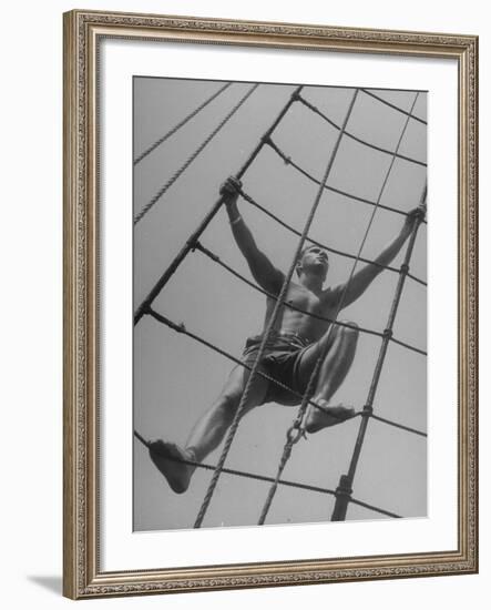 Man Climbing Ropes on Board Sailing Ship Yankee-Yale Joel-Framed Photographic Print