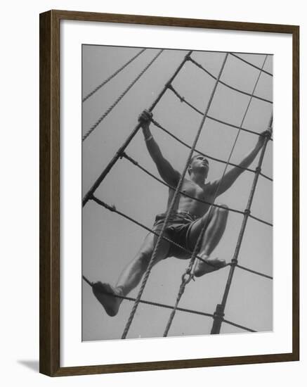 Man Climbing Ropes on Board Sailing Ship Yankee-Yale Joel-Framed Photographic Print