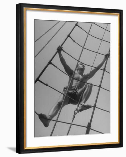 Man Climbing Ropes on Board Sailing Ship Yankee-Yale Joel-Framed Photographic Print