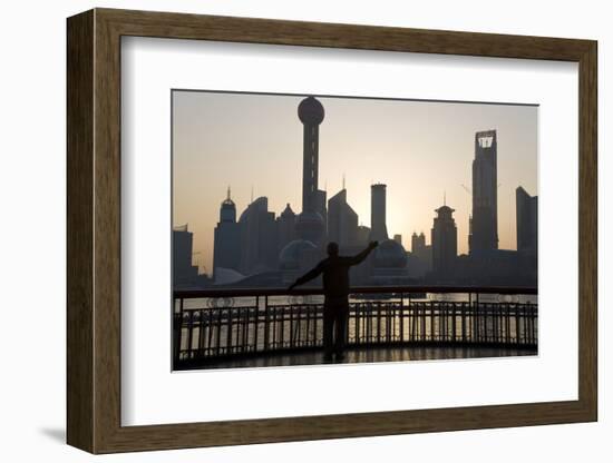 Man Doing Morning Exercises and City Skyline, Shanghai, China-Peter Adams-Framed Photographic Print