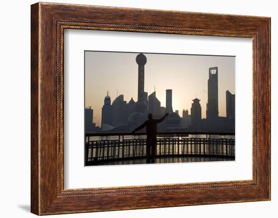 Man Doing Morning Exercises and City Skyline, Shanghai, China-Peter Adams-Framed Photographic Print