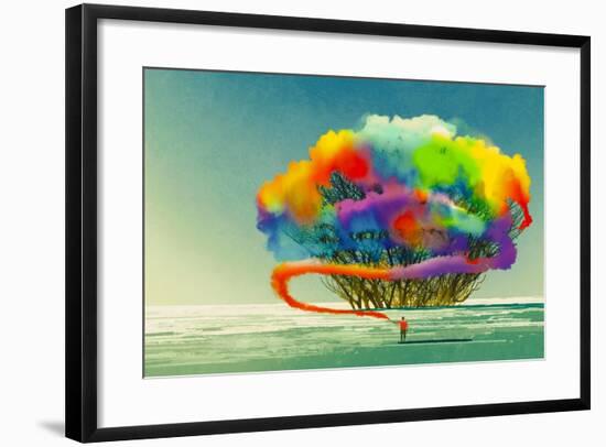 Man Draws Abstract Tree with Colorful Smoke Flare,Illustration Painting-Tithi Luadthong-Framed Art Print