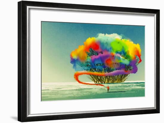 Man Draws Abstract Tree with Colorful Smoke Flare,Illustration Painting-Tithi Luadthong-Framed Art Print