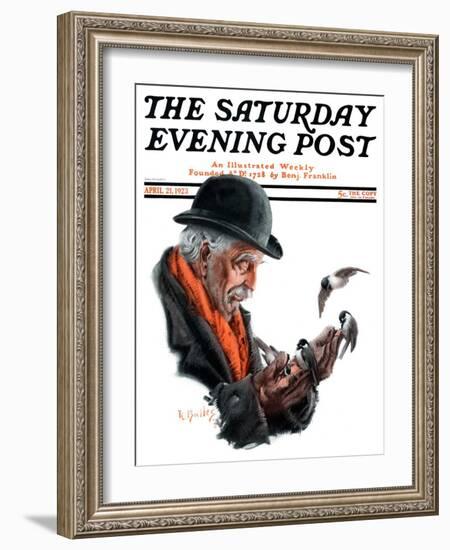 "Man Feeding Birds," Saturday Evening Post Cover, April 21, 1923-R. Bolles-Framed Giclee Print