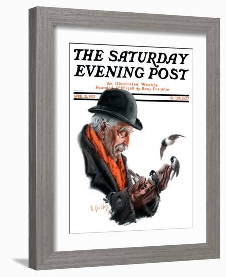 "Man Feeding Birds," Saturday Evening Post Cover, April 21, 1923-R. Bolles-Framed Giclee Print