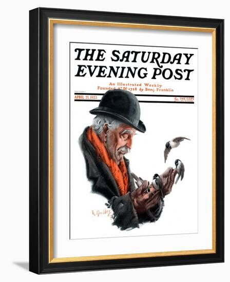 "Man Feeding Birds," Saturday Evening Post Cover, April 21, 1923-R. Bolles-Framed Giclee Print