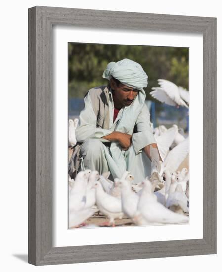 Man Feeding the Famous White Pigeons, Mazar-I-Sharif, Afghanistan-Jane Sweeney-Framed Photographic Print