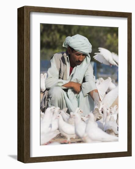 Man Feeding the Famous White Pigeons, Mazar-I-Sharif, Afghanistan-Jane Sweeney-Framed Photographic Print