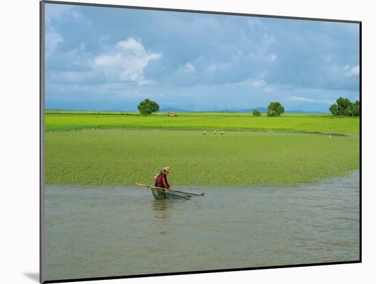 Man fishing at edge of Kaladan River, Rakhine State, Myanmar-null-Mounted Photographic Print