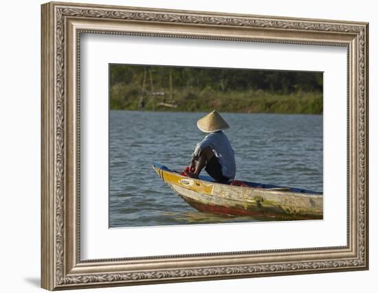 Man fishing from boat on Thu Bon River, Hoi An, Vietnam-David Wall-Framed Photographic Print