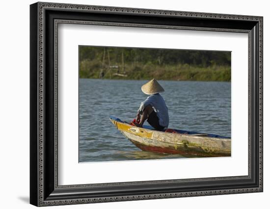 Man fishing from boat on Thu Bon River, Hoi An, Vietnam-David Wall-Framed Photographic Print