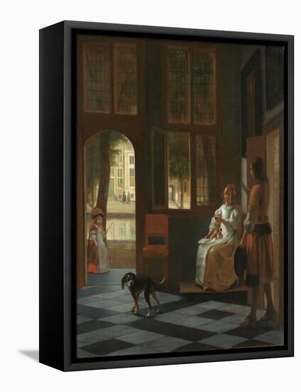 Man Handing a Letter to a Woman in the Entrance Hall of a House, 1670-Pieter de Hooch-Framed Premier Image Canvas