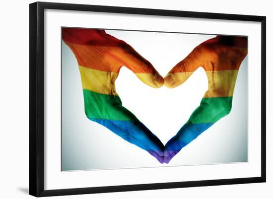 Man Hands Painted As The Rainbow Flag Forming A Heart, Symbolizing Gay Love-nito-Framed Art Print