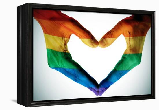 Man Hands Painted As The Rainbow Flag Forming A Heart, Symbolizing Gay Love-nito-Framed Stretched Canvas