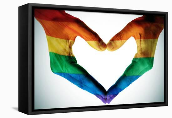 Man Hands Painted As The Rainbow Flag Forming A Heart, Symbolizing Gay Love-nito-Framed Stretched Canvas