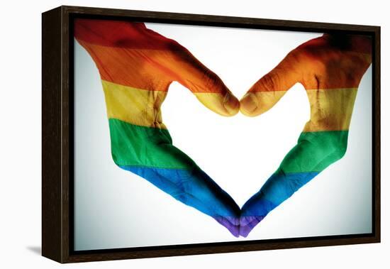 Man Hands Painted As The Rainbow Flag Forming A Heart, Symbolizing Gay Love-nito-Framed Stretched Canvas