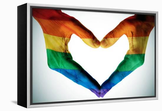 Man Hands Painted As The Rainbow Flag Forming A Heart, Symbolizing Gay Love-nito-Framed Stretched Canvas