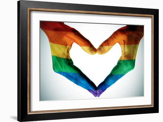 Man Hands Painted As The Rainbow Flag Forming A Heart, Symbolizing Gay Love-nito-Framed Art Print