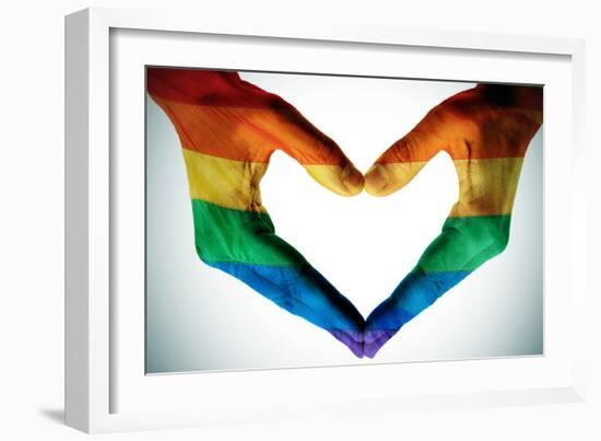 Man Hands Painted As The Rainbow Flag Forming A Heart, Symbolizing Gay Love-nito-Framed Art Print